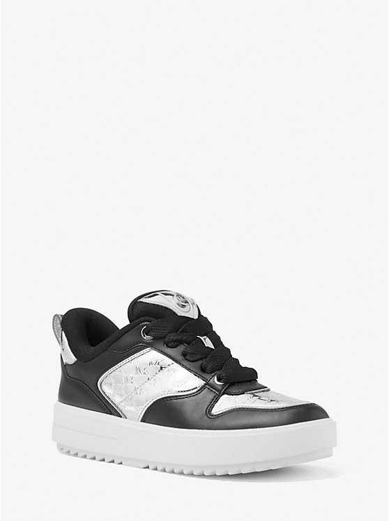 Rumi Leather and Logo-Embossed Metallic Platform Sneakers | Michael Kors 43H3RMFS1L