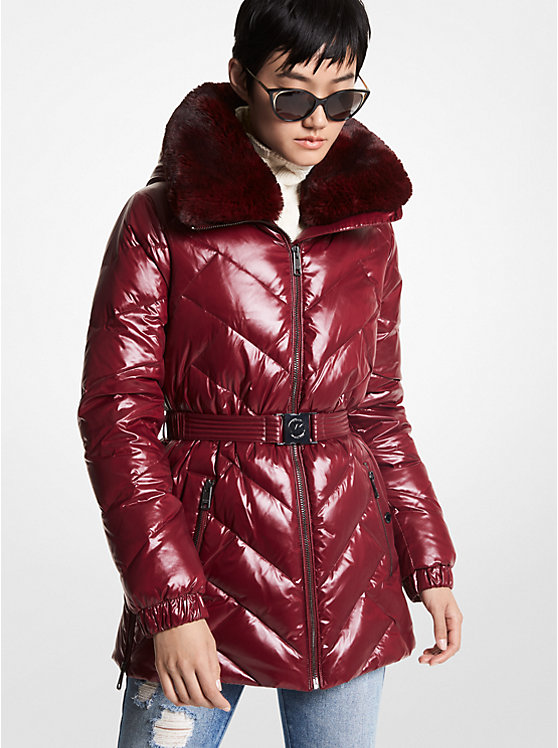 Faux Fur Trim Chevron Quilted Nylon Belted Puffer Coat | Michael Kors 77F5418M82