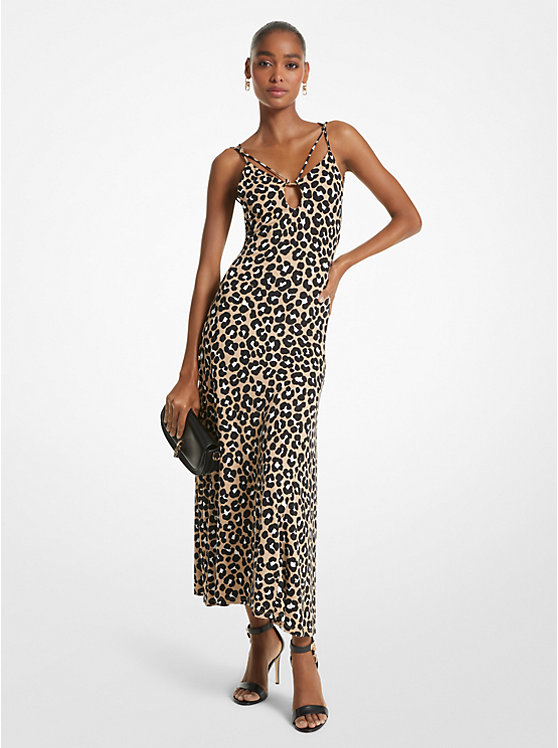 Leopard Print Matte Jersey Cutout Slip Dress | Michael Kors MF381PN9JN