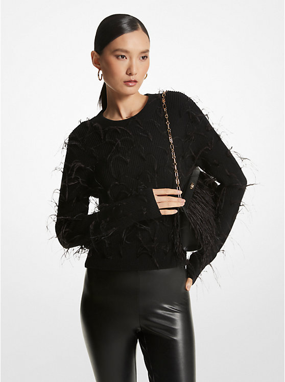 Feather Embellished Merino Wool Blend Cropped Sweater | Michael Kors MH360PL79J