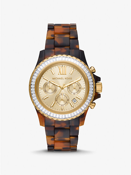 Oversized Everest Pavé Gold-Tone and Tortoiseshell Bio-Based Acetate Watch | Michael Kors MK7239