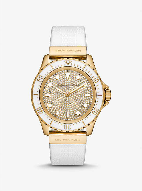 Oversized Slim Everest Pavé Gold-Tone and Embossed Silicone Watch | Michael Kors MK7357