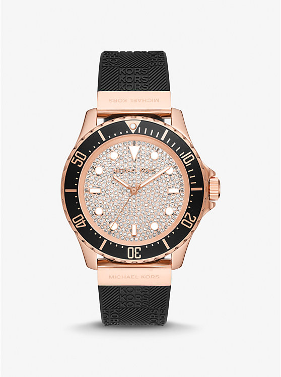 Oversized Slim Everest Pavé Rose-Gold Tone and Embossed Silicone Watch | Michael Kors MK7358