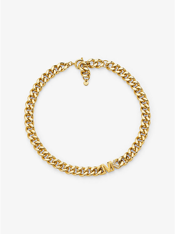 Precious Metal-Plated Brass Pavé Logo Curb Link Necklace | Michael Kors MKJ7835
