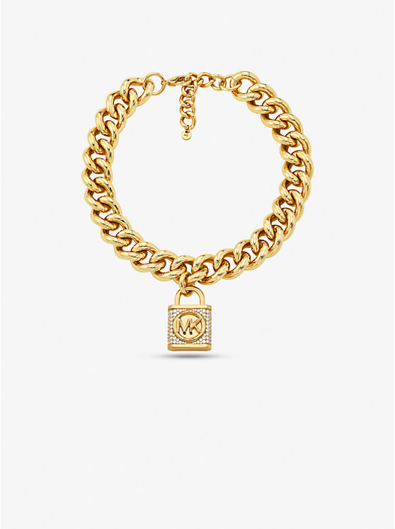 Precious Metal-Plated Brass Pavé Lock Curb Link Necklace | Michael Kors MKJ8059