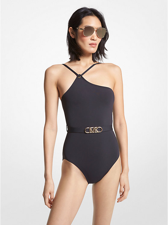 Stretch Nylon Belted One-Shoulder Swimsuit | Michael Kors MM1N542