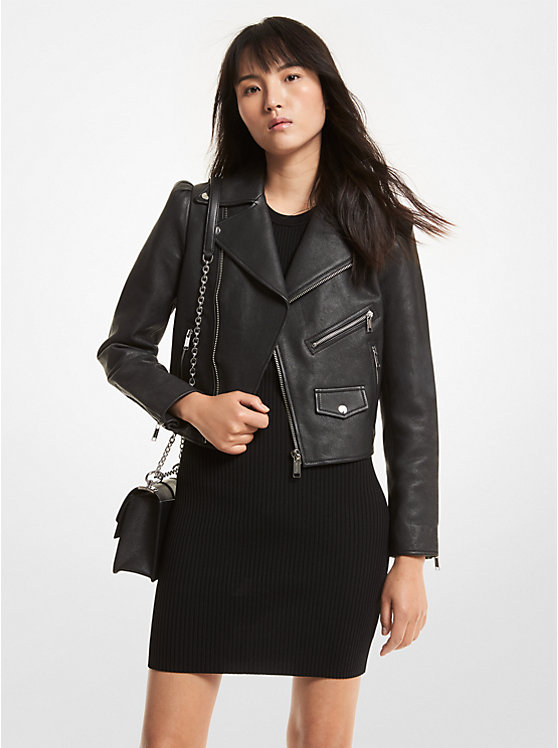 Pebbled Leather Puff-Sleeve Moto Jacket | Michael Kors MU12013FAM