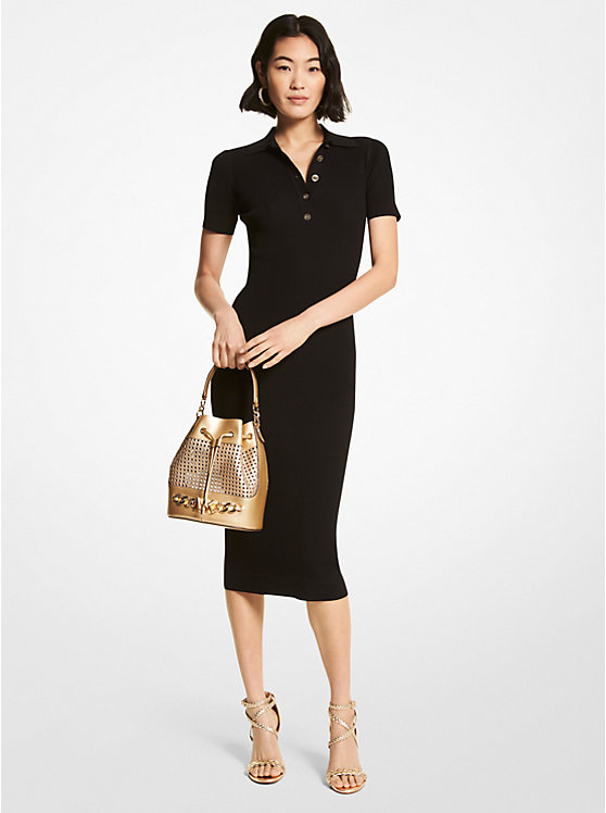 Logo Button Ribbed Viscose Blend Polo Dress | Michael Kors MU2817O33D